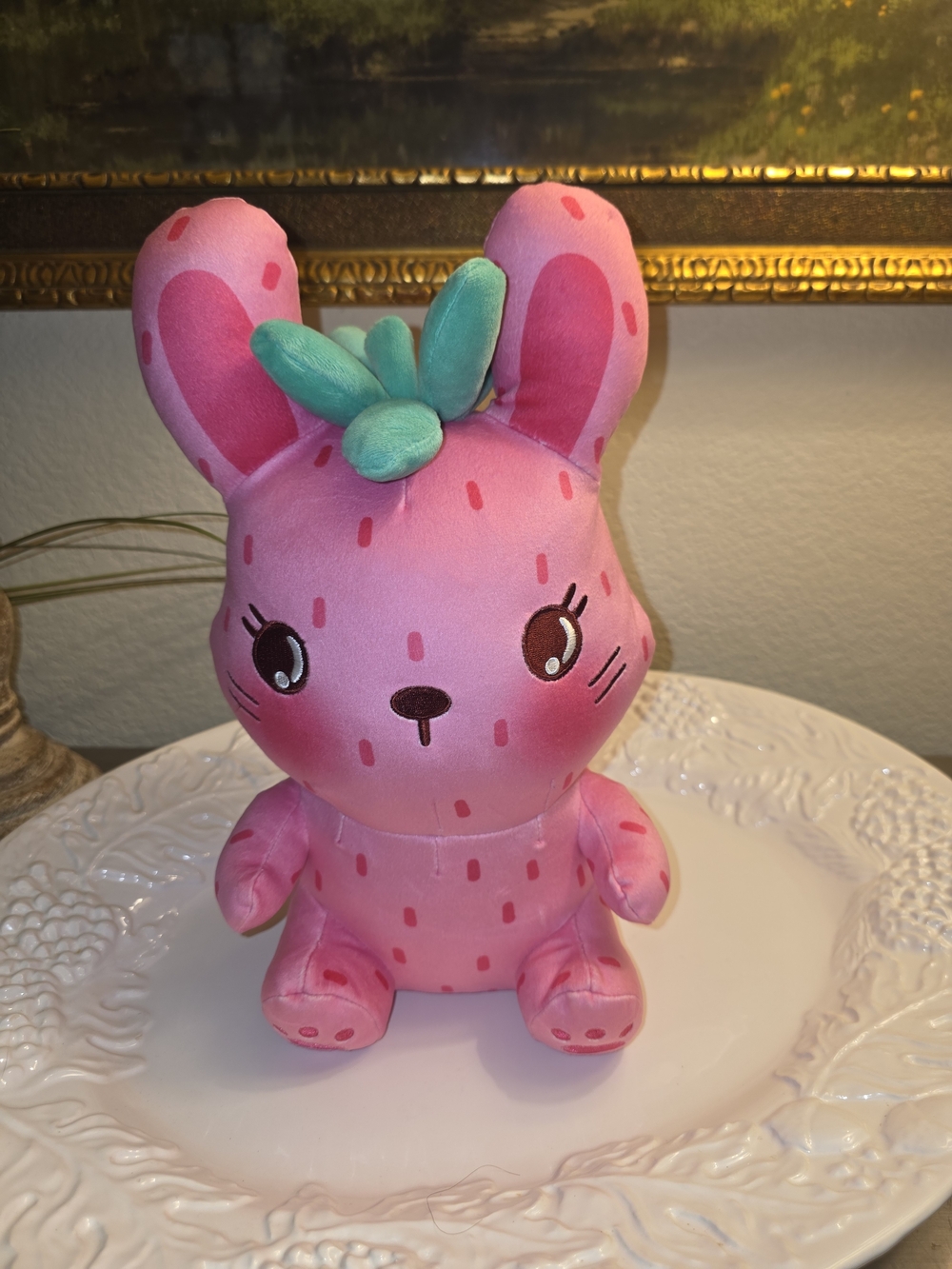 Plush Pink Bunny Toy with Teal Leaf Accent - 13"